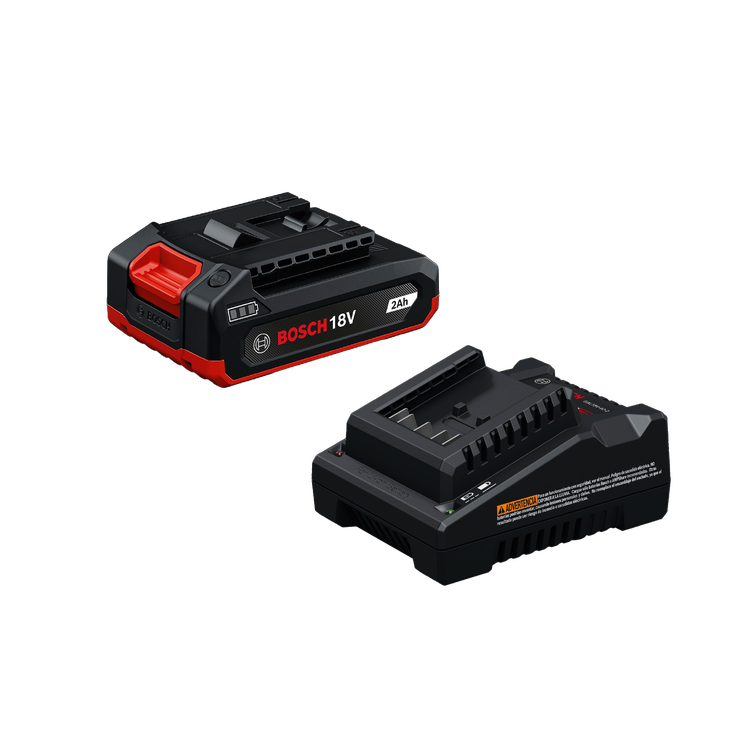 Dynamic Image of Bosch GXS18V-29N12 18V Starter Kit with 2 Ah Battery and Battery Charger.