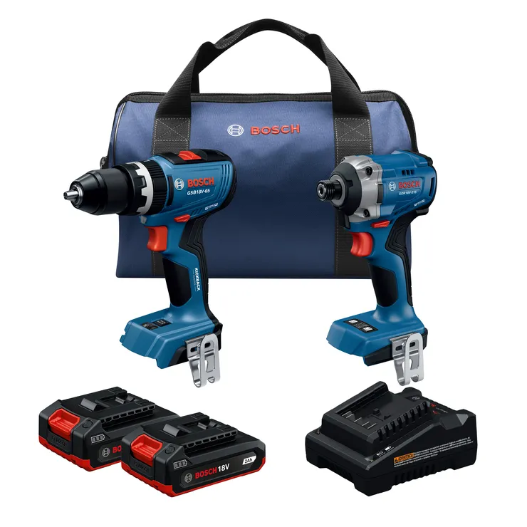 Product Image Dynamic of Bosch GXL18V-28B22 18V 2-Tool Combo Kit on white background.