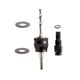 Conjunto de broca con dos arandelas, un anillo pequeño y un perno sobre un fondo blanco.