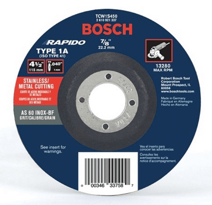 4-1/2 In. .040 In. 7/8 In. Arbor Type 1A (ISO 41) 60 Grit Rapido™ Fast Metal/Stainless Cutting Abrasive Wheel