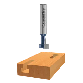 Bosch 85608M Ø3/8" fresa para router sobre un bloque de madera con recortes.
