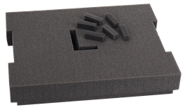 Inserto de espuma gris oscuro con huecos y pequeñas piezas rectangulares de espuma.