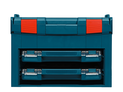 Caja de herramientas Bosch teal con dos cajones; "BOSCH" visible en los cierres naranjas.