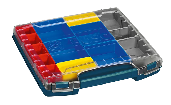 Caja de herramientas Bosch con compartimentos rojo, amarillo y azul.