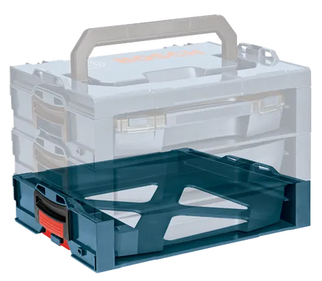 Caja de herramientas Bosch teal con detalles en negro y rojo, y superposición transparente de cajas de herramientas.