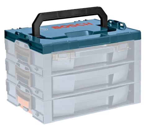 Sistema de almacenamiento de herramientas apilable Bosch con asa y logotipo "BOSCH".