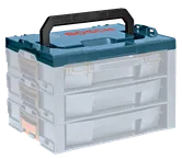 Sistema de almacenamiento de herramientas apilable Bosch con asa y logotipo "BOSCH".