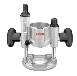 Router Bosch con logotipo "BOSCH", marcas de control de profundidad y empuñaduras.