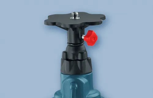 Montaje de trípode Bosch negro y azul con pomo de ajuste rojo.