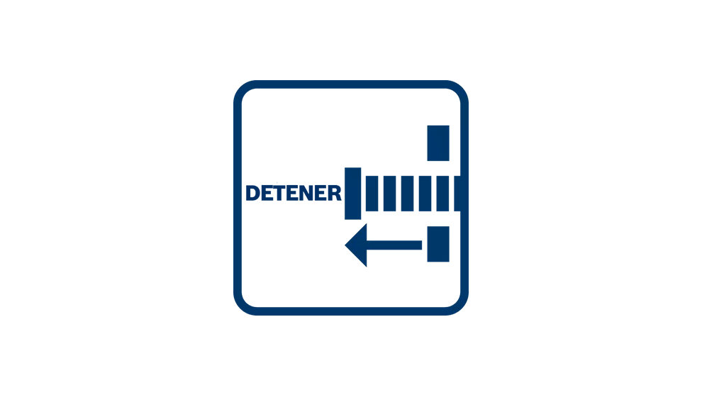 Un ícono azul con la palabra 'DETENER' y líneas horizontales, indicando una función de parada o control.